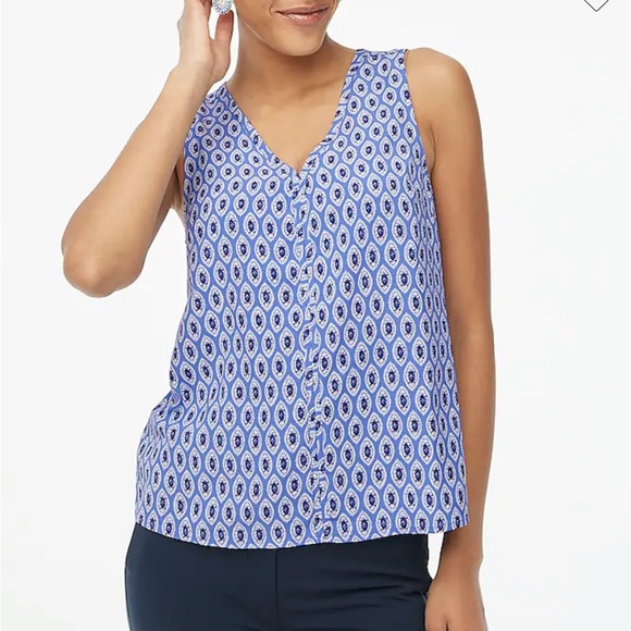 NWT J.Crew Factory Printed sleeveless V-neck crepe shell Blue Ivory Large - Picture 1 of 11